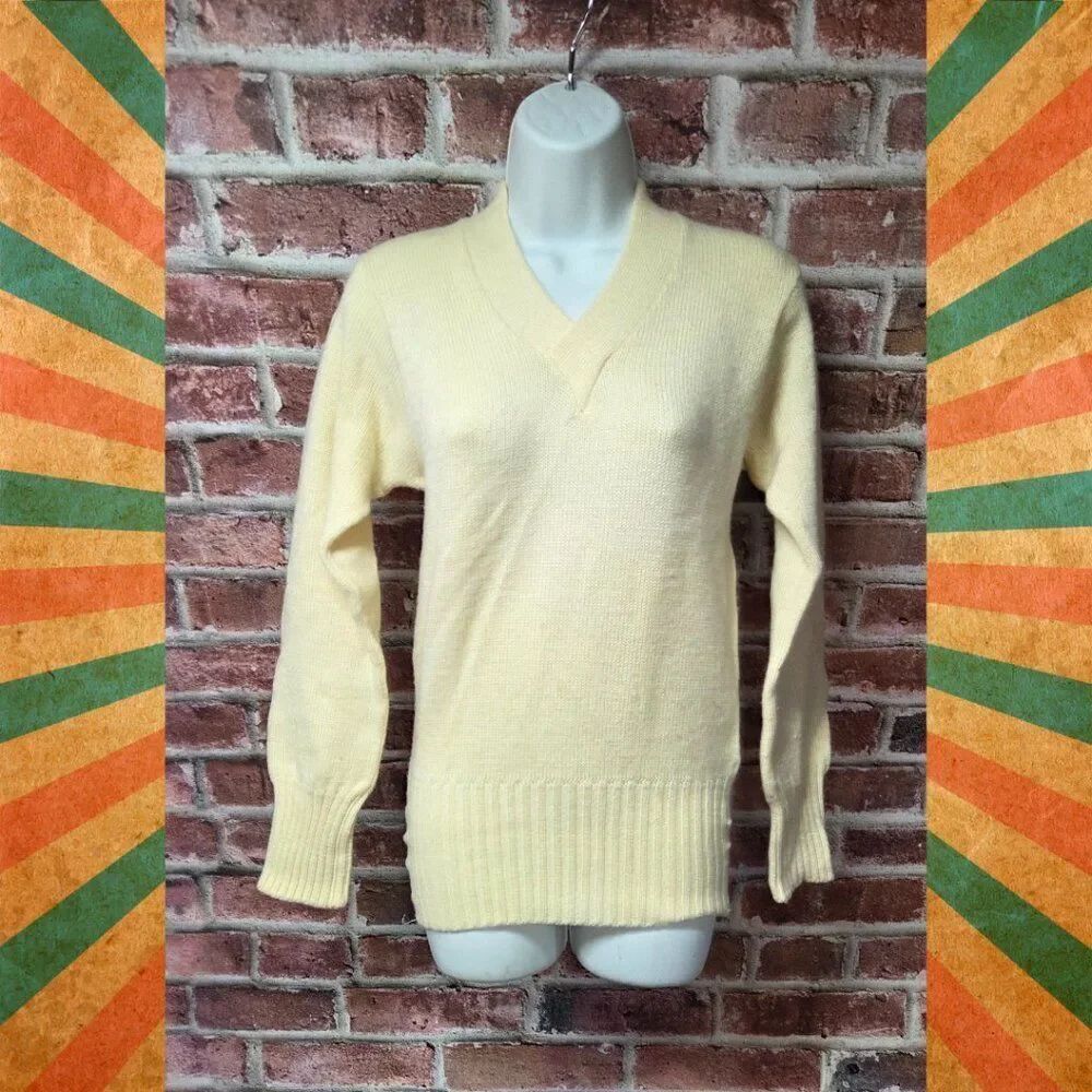 Vintage 70s Women's BUREAN HOLLOWAY Irish Wool V‎ Neck Sweater Size 34 XS